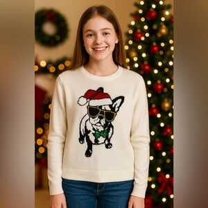 Verve Ami Ivory French Bulldog Christmas Sweater Santa Hat Sunglasses Size L Jrs